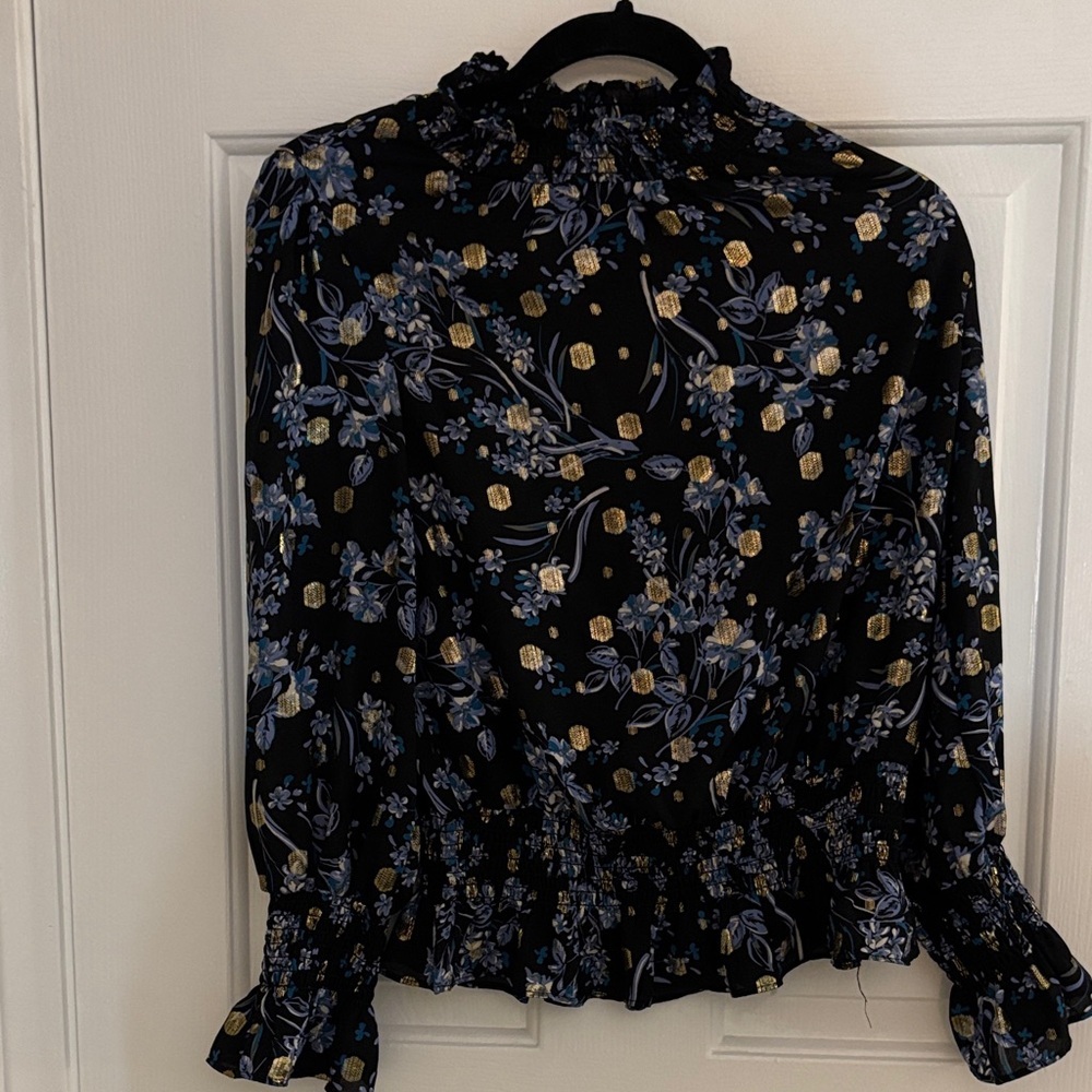 meraki Black Floral Smocked-Neck Blouse with Blue & Gold Accents medium